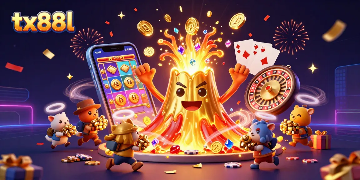 Engage with dynamic gaming excitement at tx88l featuring a golden volcano erupting coins and treasures.