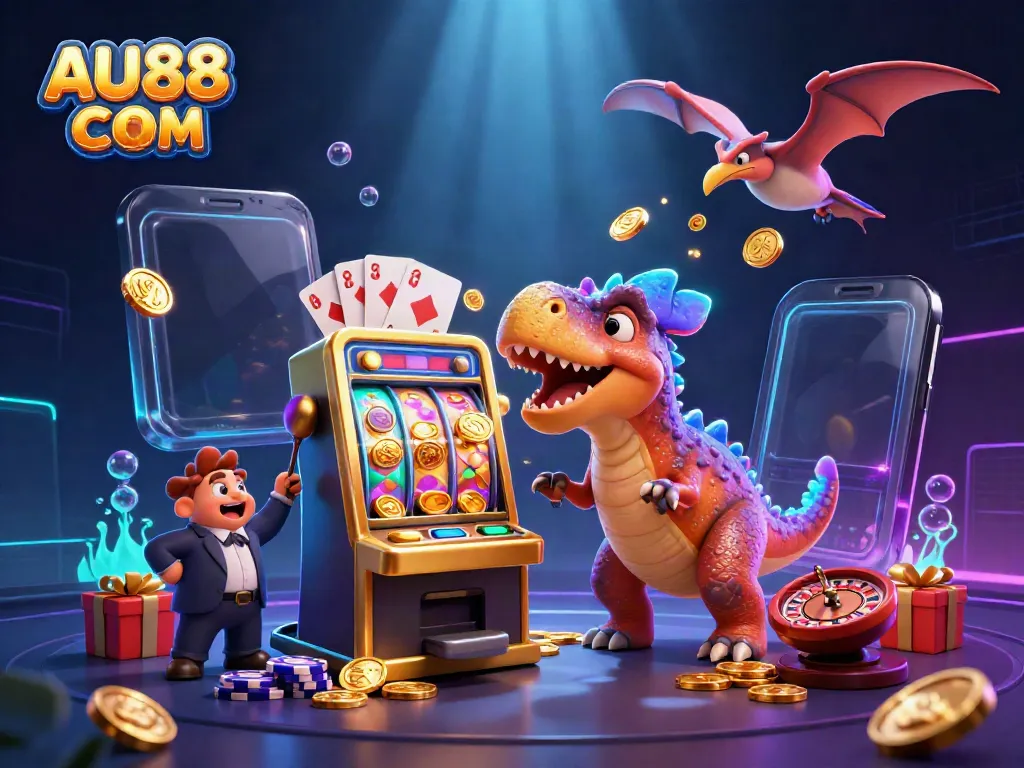 Experience the excitement of AU88 COM with a 3D dinosaur hitting a slot machine for jackpot coins.