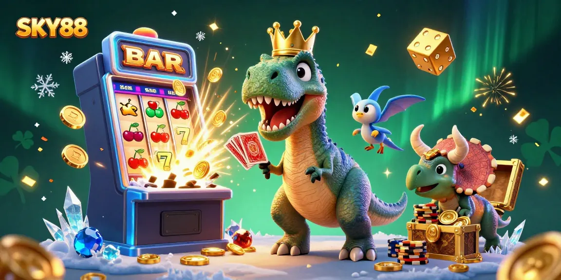 SKY88 explodes with winning opportunities as a T-Rex shuffles cards while a triceratops stacks chips, vibrant casino scene.