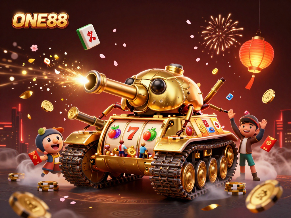 Engage with ONE88's vibrant casino experience featuring a dynamic tank illustration with slot reels.