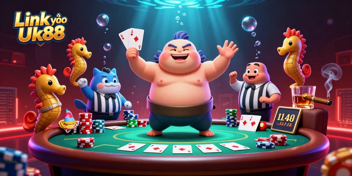 Experience the excitement of Link vào Uk88 with an underwater poker scene featuring a fugu in action.