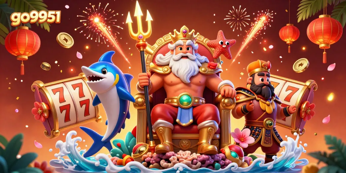 Spin the reels with go9951's vibrant casino illustration showcasing Neptune surrounded by festive symbols.