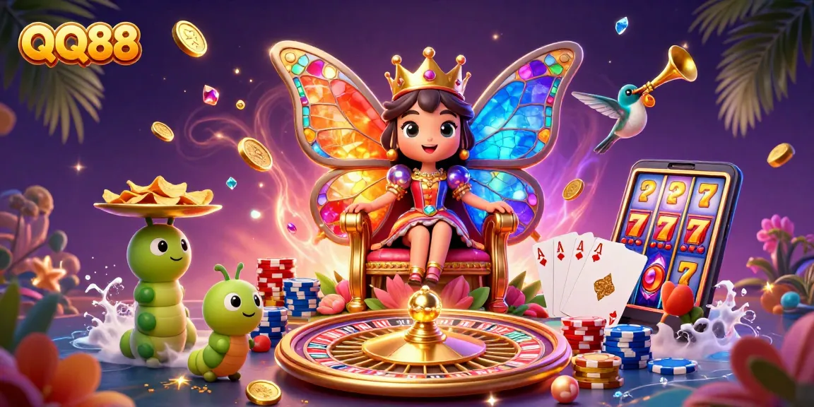 Experience QQ88's vibrant casino atmosphere with a butterfly queen, chips, and spinning roulette.