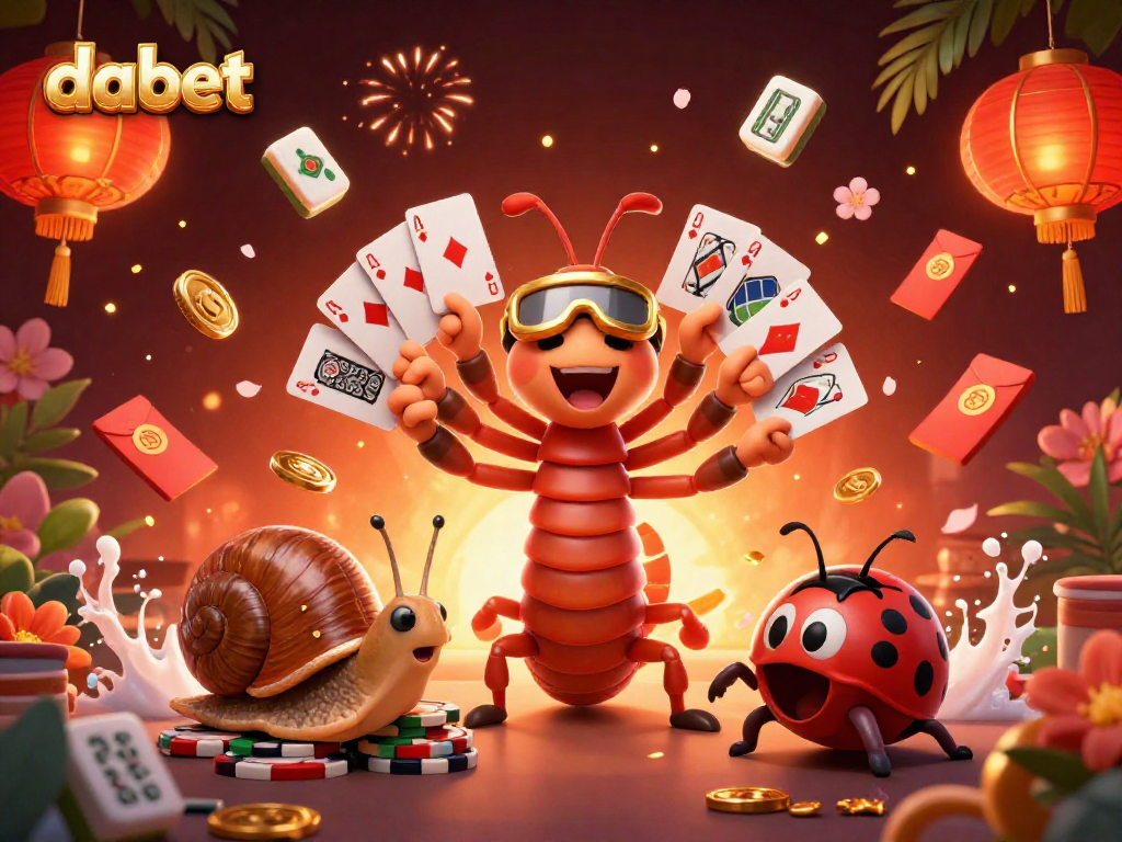 Dabet reels in excitement as a millipede dealer manages cards, snails stack chips in a vibrant casino scene.