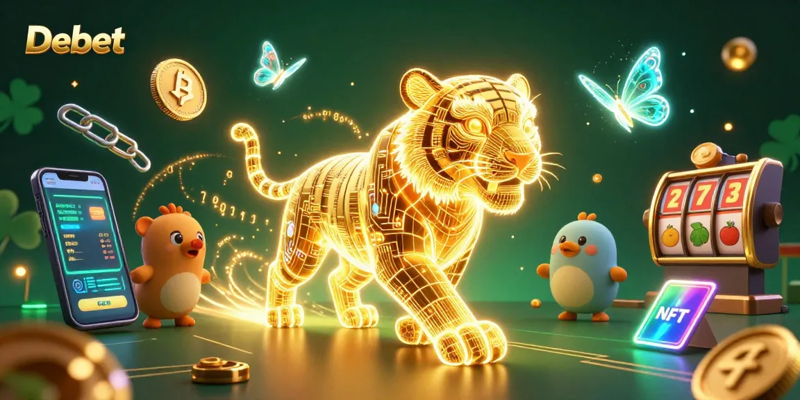 Experience gameplay excitement with Debet as a glowing tiger leads through a vibrant digital casino.