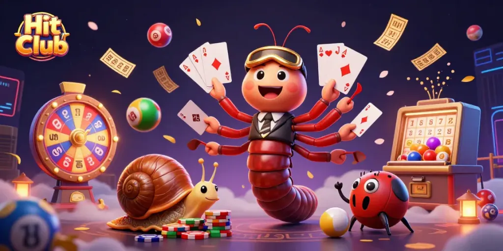 Hit Club gaming scene showcasing a millipede dealer, a high-roller snail, and a pill bug amidst dynamic lottery elements.