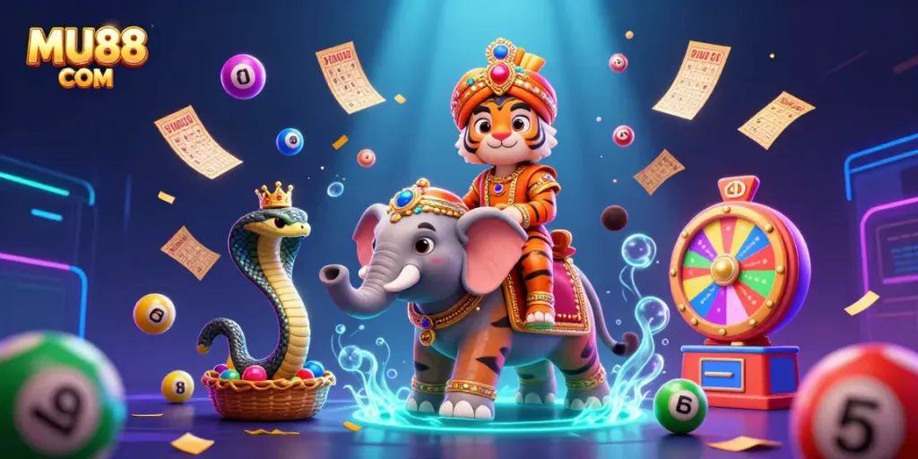 Experience vibrant casino action with MU88 COM, featuring dynamic 3D characters amidst colorful lottery games.