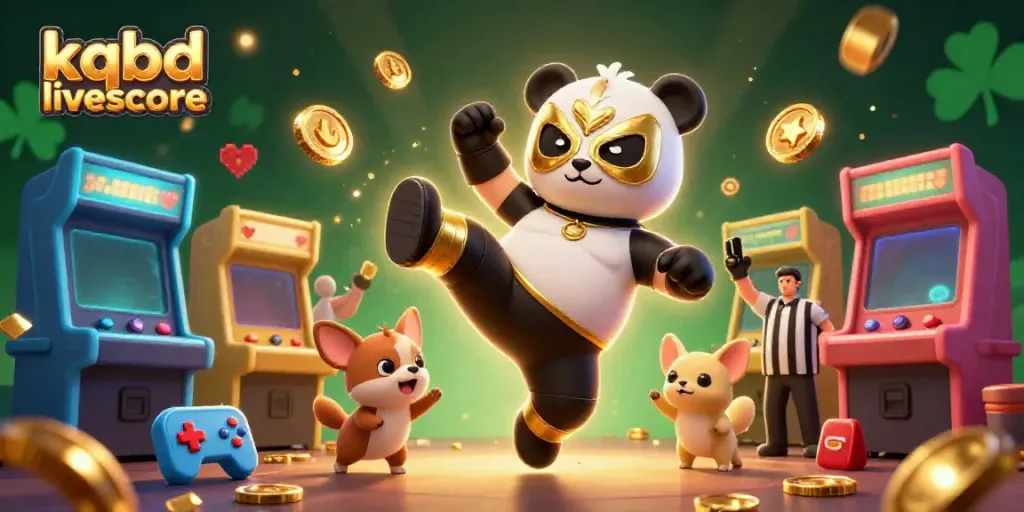 KQBD livescore showcases a vibrant 3D cartoon scene with a panda wrestler in action, amidst casino-themed game elements.