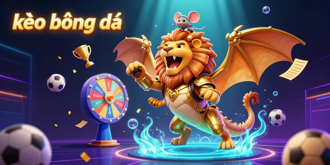 Engage with kèo bóng đá through an exciting 3D illustration featuring a triumphant chimera, vibrant sports elements, and dynamic gaming visuals.