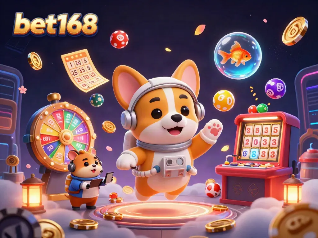 Engage with bet168 in this dynamic casino illustration featuring a floating corgi and lotto balls.
