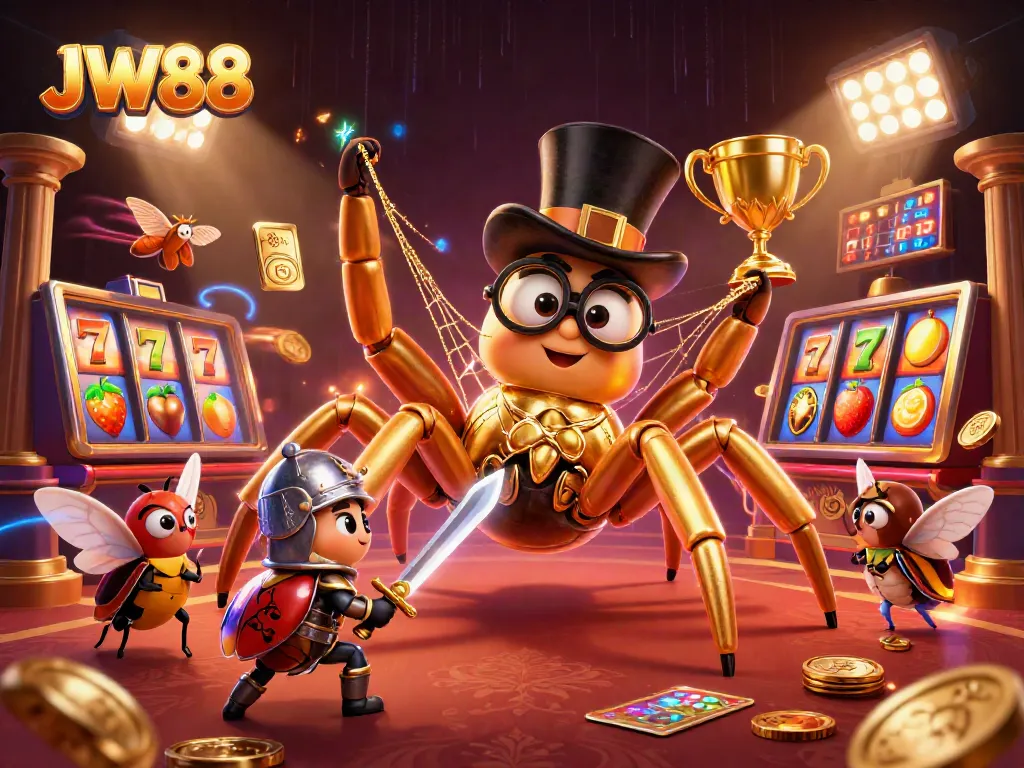 Spin the reels at JW88, featuring a vibrant illustration with golden elements and lively characters.