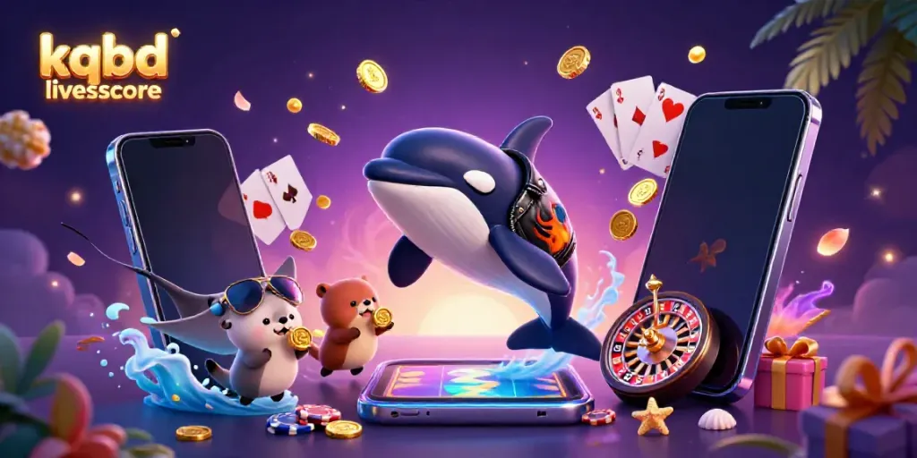 Experience kqbd livescore with a vibrant scene featuring orca and otters amidst casino elements.