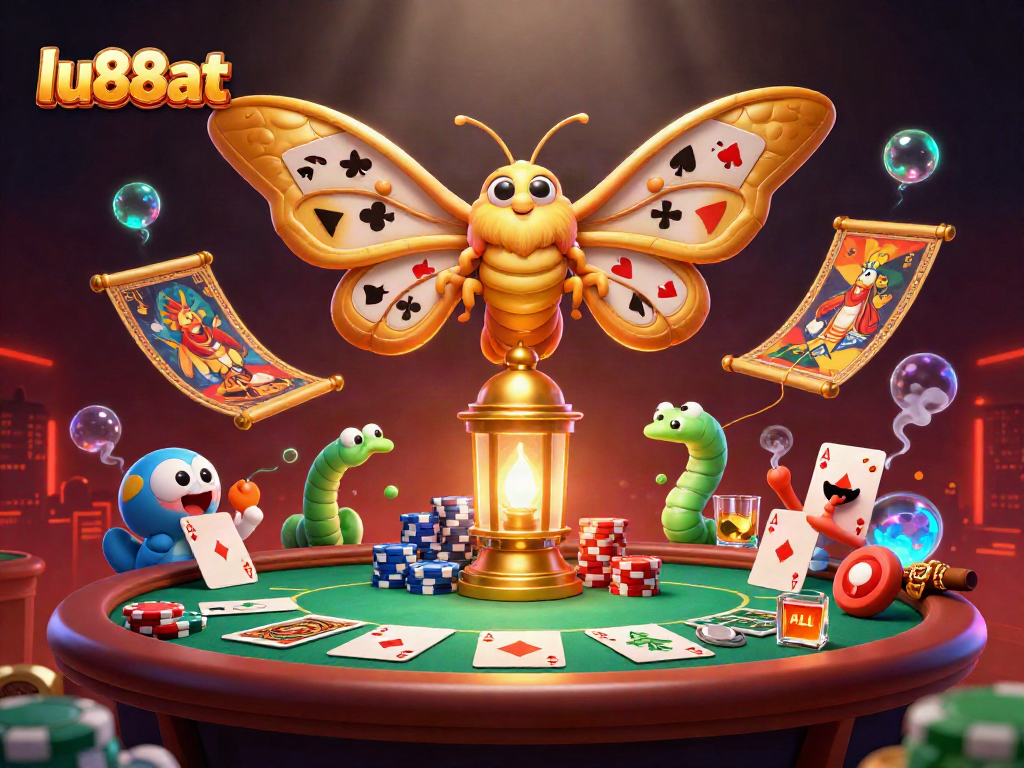 lu88at showcases a vibrant 3D casino scene with a majestic moth and poker elements.