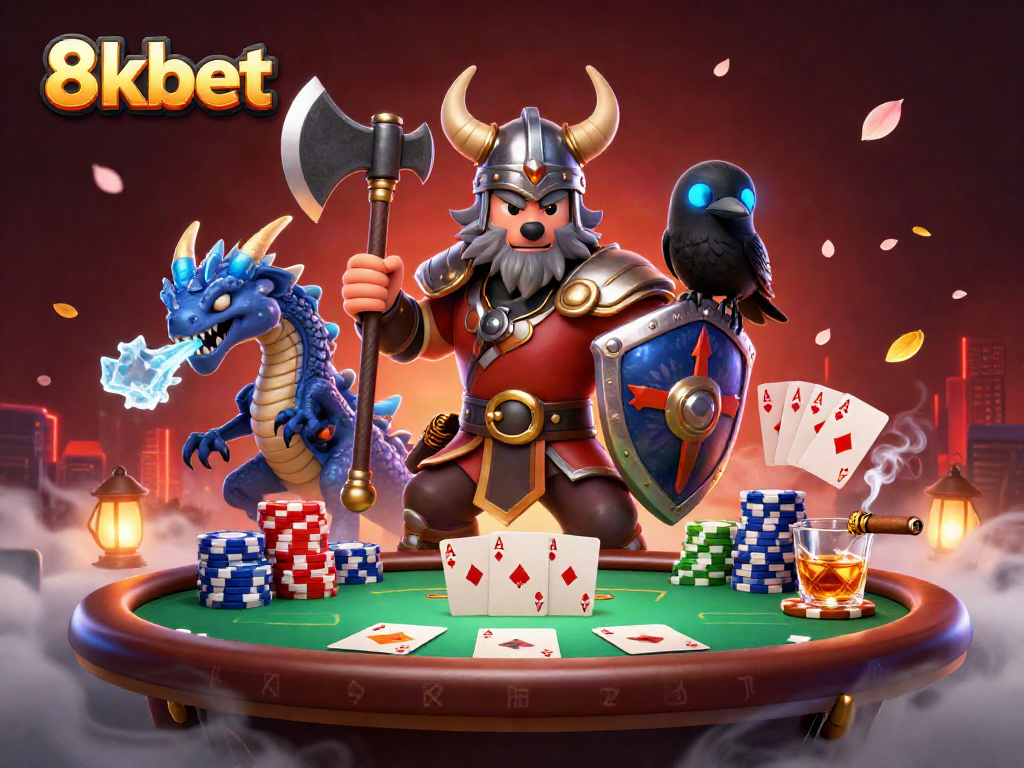 Experience thrilling poker action with 8xbet as the Viking wolf warrior and dragon create the ultimate casino scene.