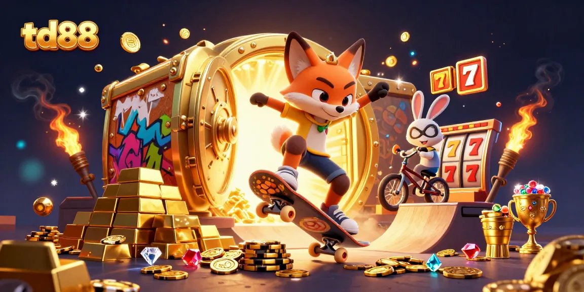 td88 showcases an exciting 3D casino scene with a skateboarder fox and BMX rabbit amidst jackpots and casino symbols.