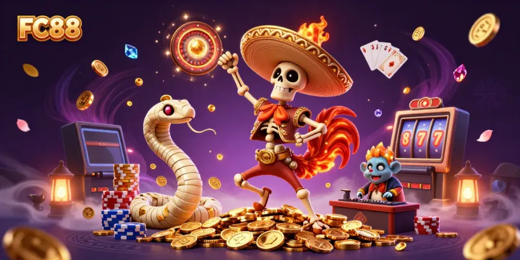 Experience the thrill of FC88 casino with vibrant characters dancing amidst cascading gold and gems.