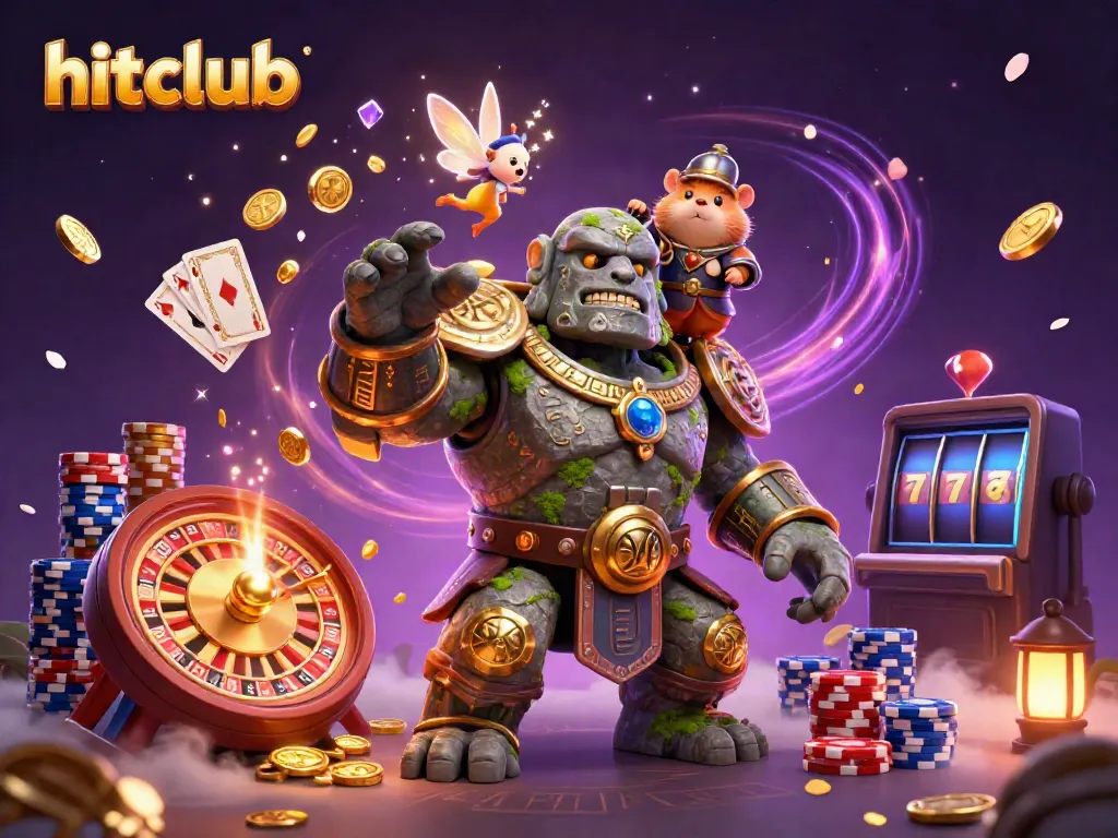 Hitclub: Embrace winnings with a dynamic golem guardian and magical characters in a vivid casino scene.