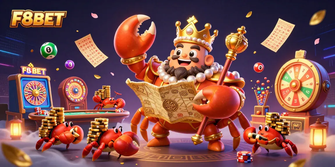 Experience exciting F8BET casino games in this vibrant 3D scene featuring a golden crab and dynamic elements.