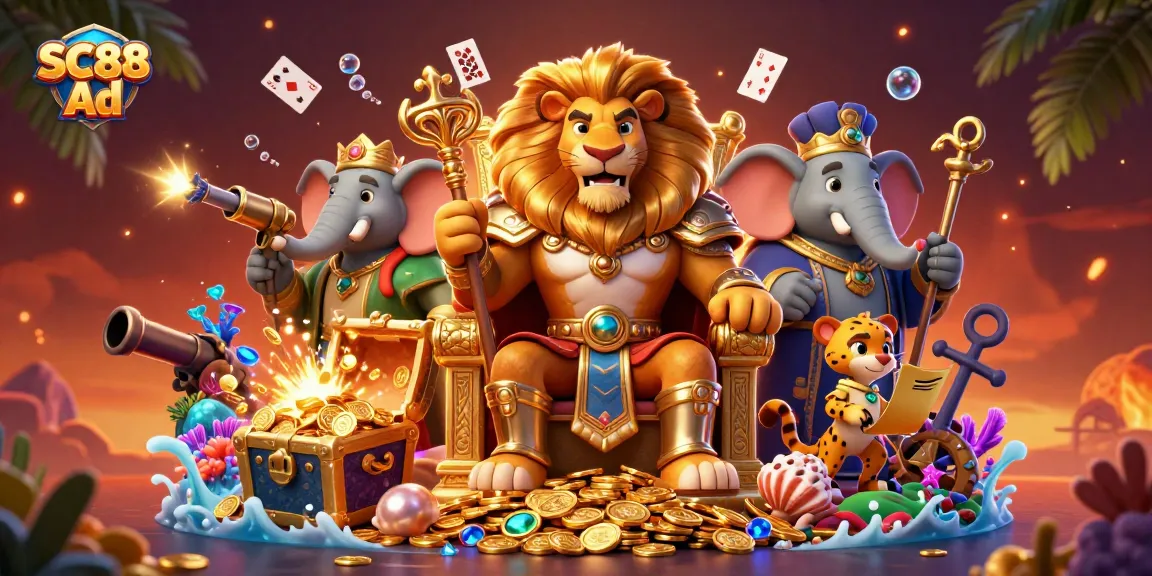 Engage with SC88 Ad showcasing a majestic lion king in a casino-themed scene full of treasures.