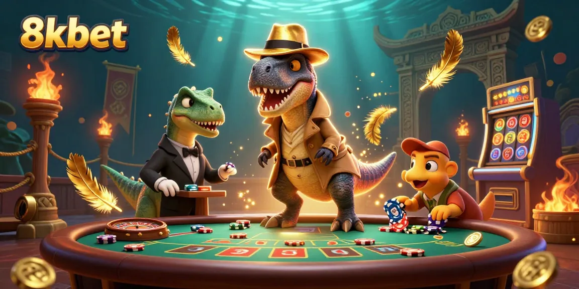 8xbet velociraptor and friends navigating a dynamic casino scene full of action and vibrant gambling elements.