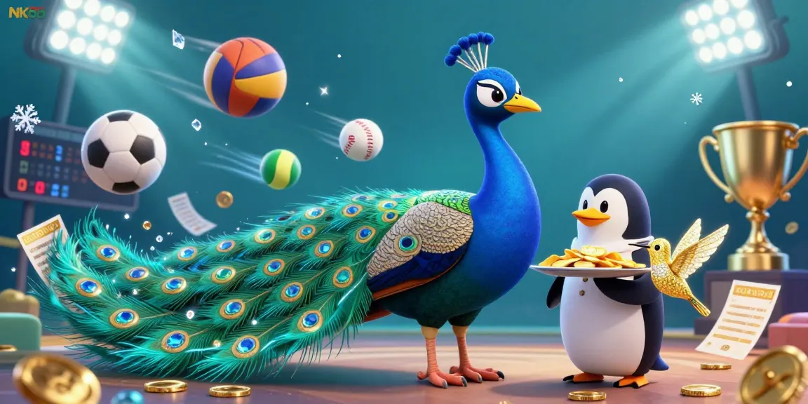 Experience the excitement of NK88 with stunning visuals of a peacock, penguin, and hummingbird amid dynamic sports betting action.