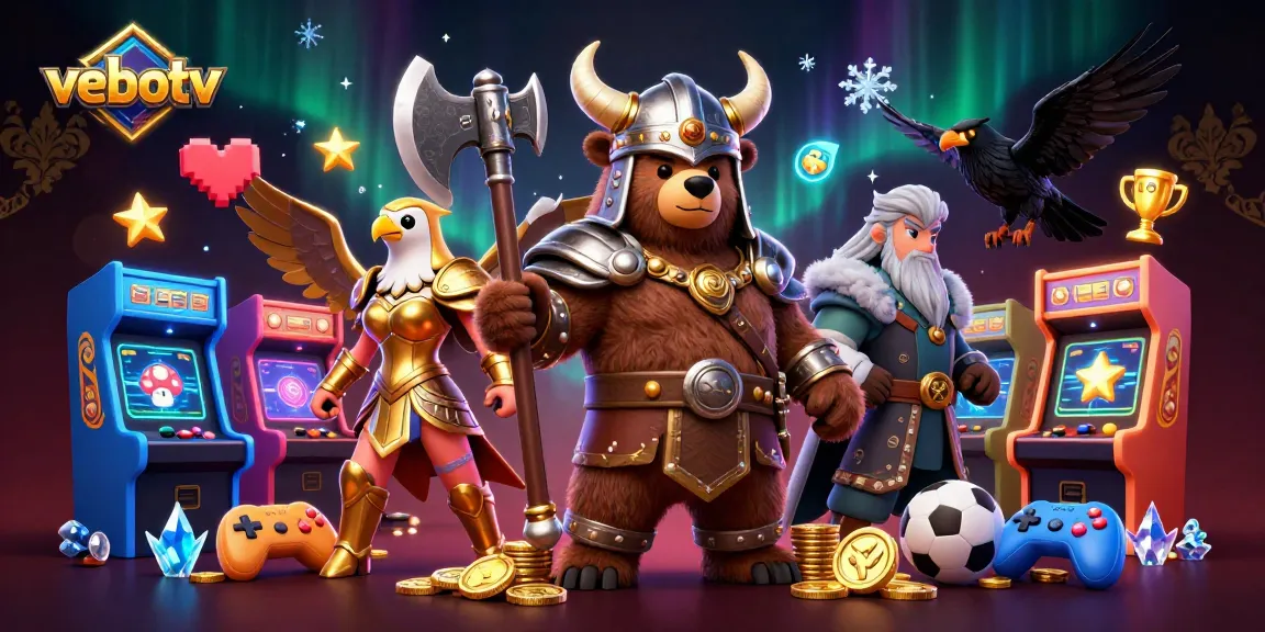 Experience the excitement of vebotv with a 3D Viking and Valkyrie amidst vibrant gambling elements.