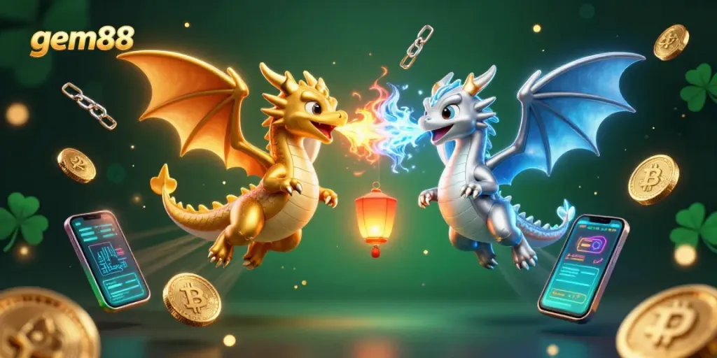 Win big at gem88 with this vibrant 3D illustration showcasing exciting casino gameplay elements and dragons.
