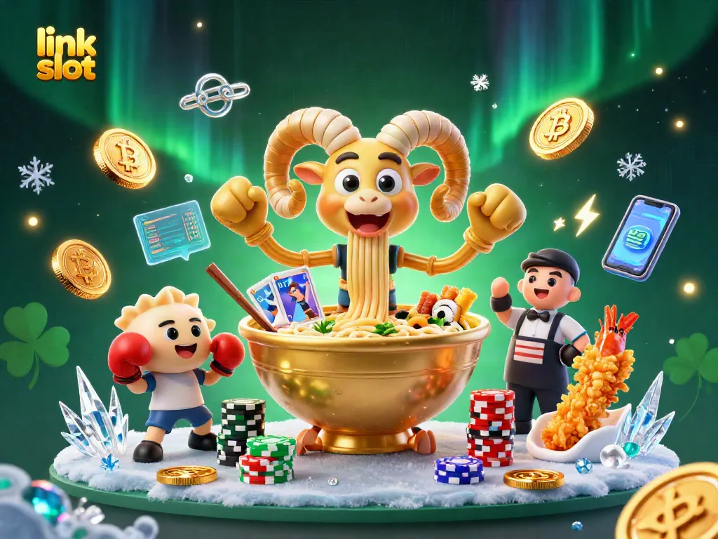 Permainan link slot dengan karakter ramen dan elemen kasino digital yang dinamis dan berwarna-warni.