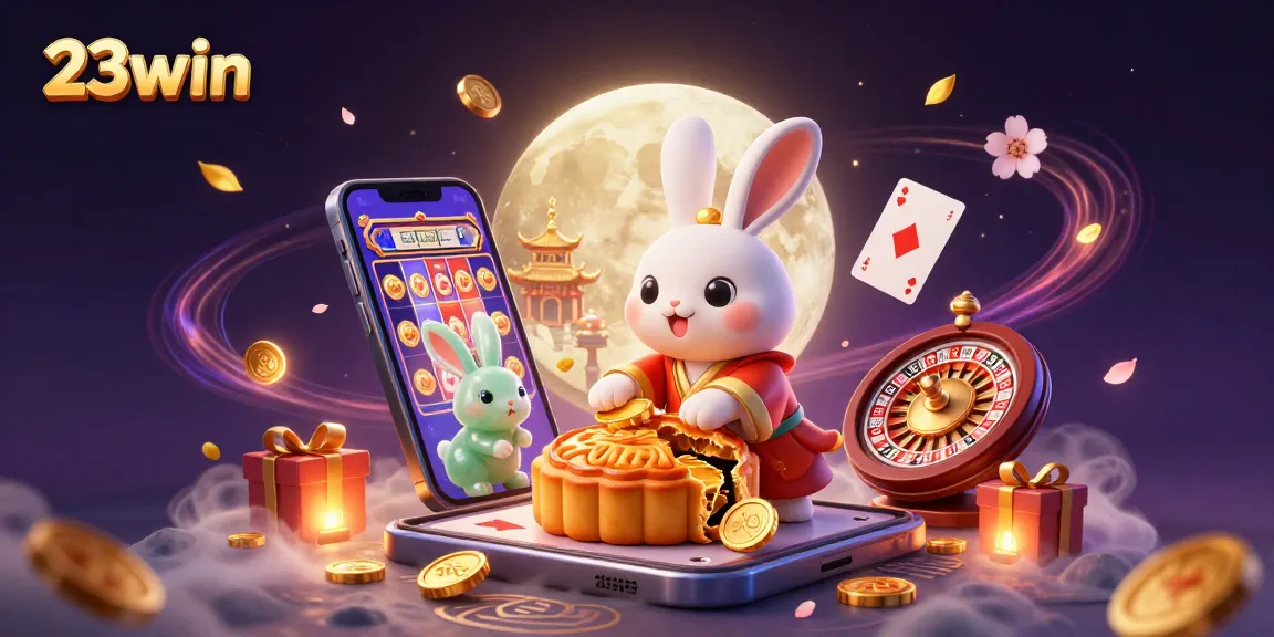 Engage with 23win's exciting lunar-themed casino illustration showcasing a lunar rabbit and vibrant game elements.