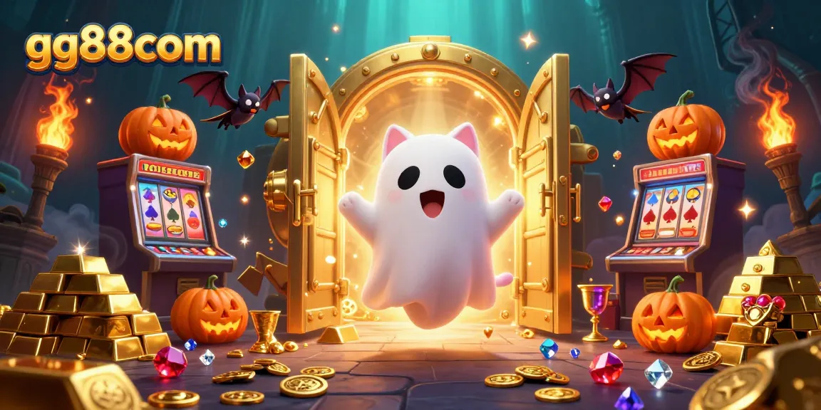 Win big with gg88com as a friendly ghost cat and bat explore a glowing casino scene with treasures.