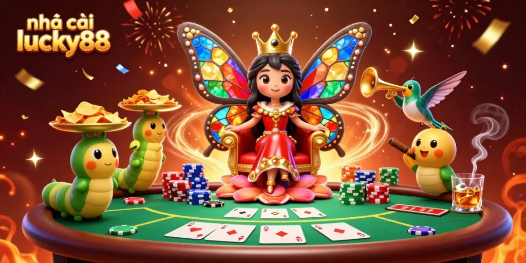 Experience the vibrant world of nhà cái lucky88 with engaging casino elements and a majestic butterfly queen.