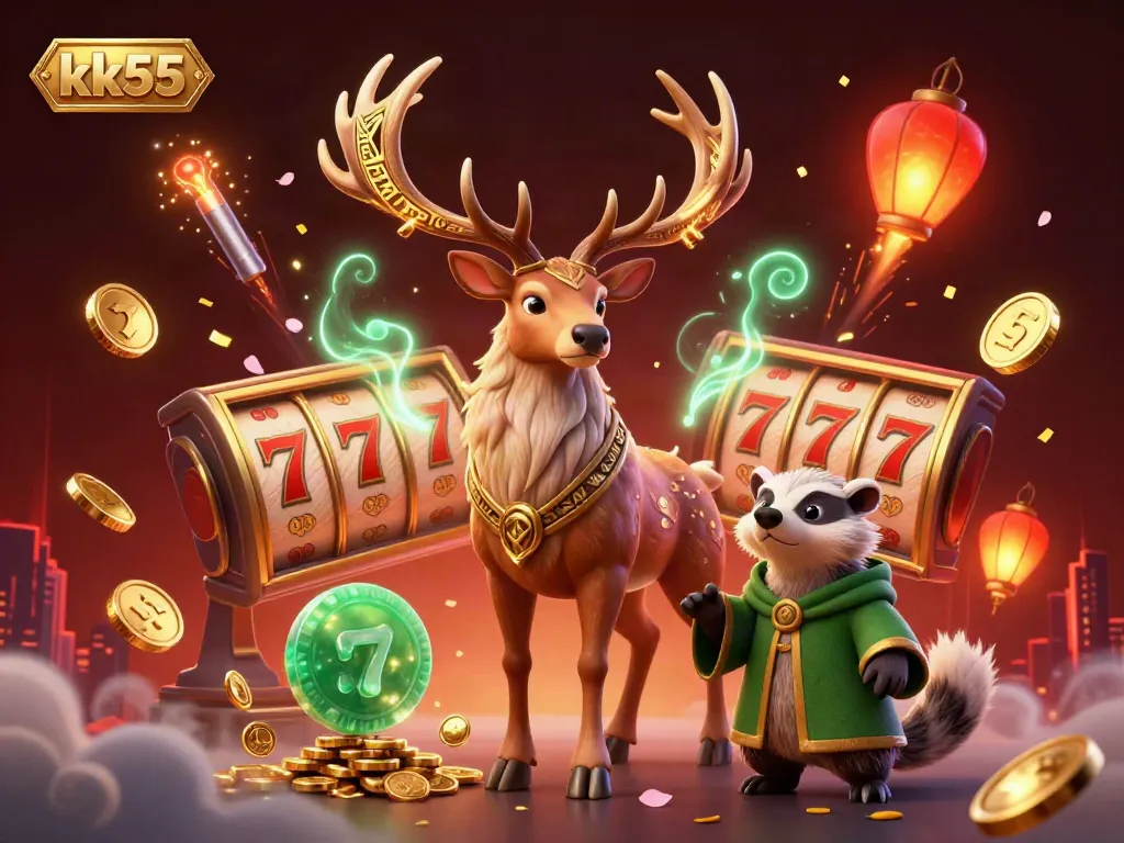 Engage with the thrilling kk55 casino scene featuring a druid stag and vibrant gaming elements.