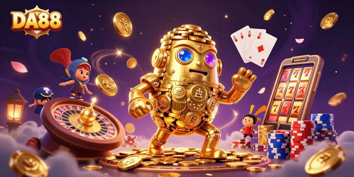 Join the DA88 adventure with a golden golem amidst a vibrant casino scene!