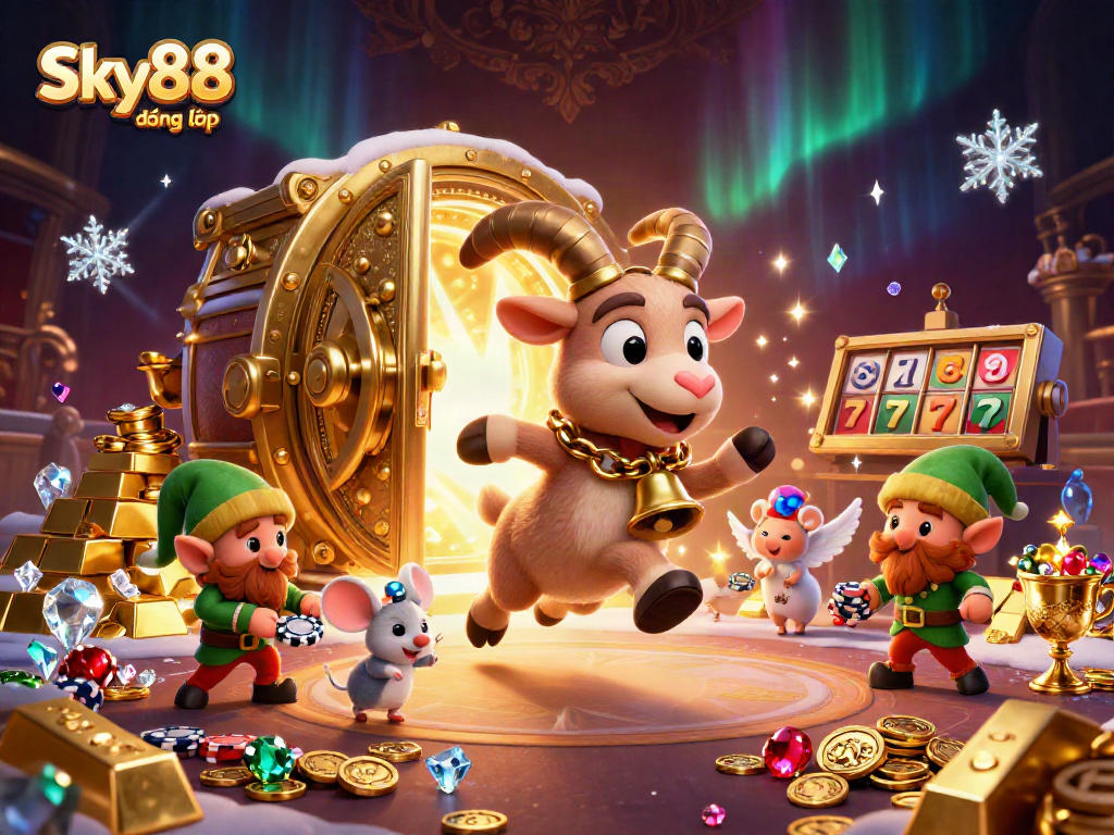 Engage in the thrilling Sky88 đăng nhập experience with festive casino characters stealing poker chips.