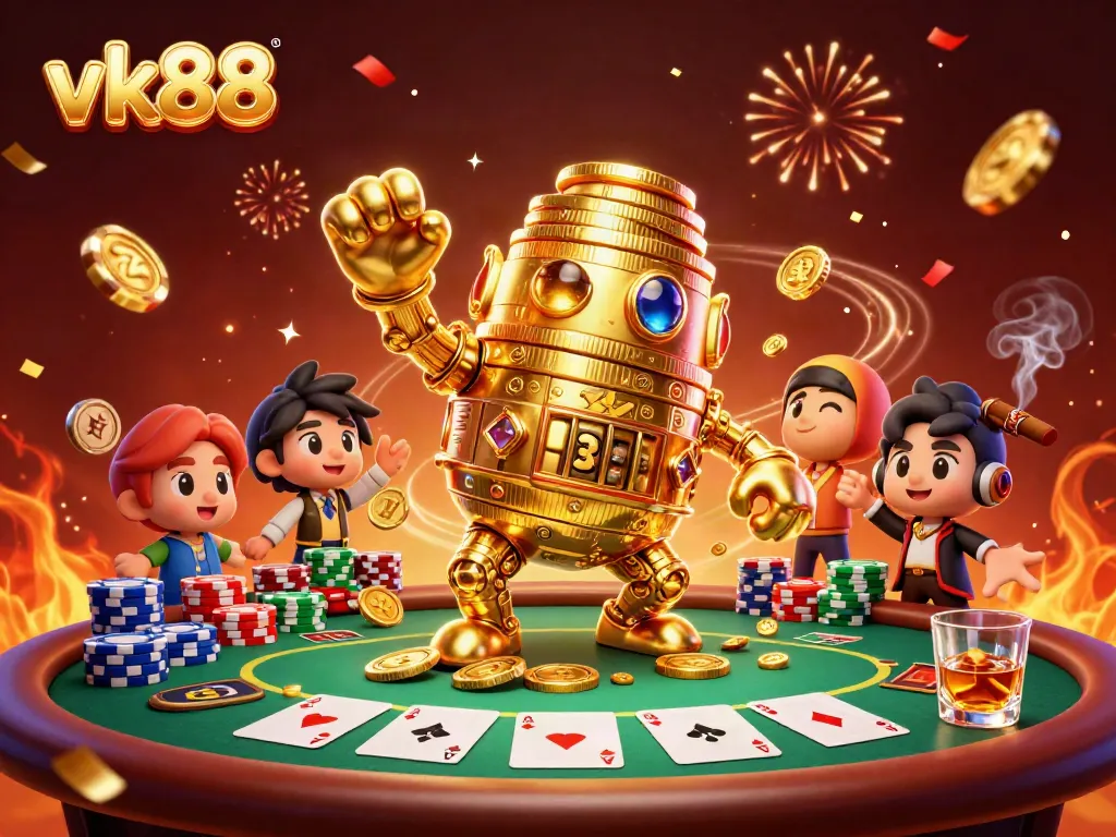 Experience thrilling gambling excitement at vk88 with a dynamic scene of a golden golem surrounded by vibrant poker elements.