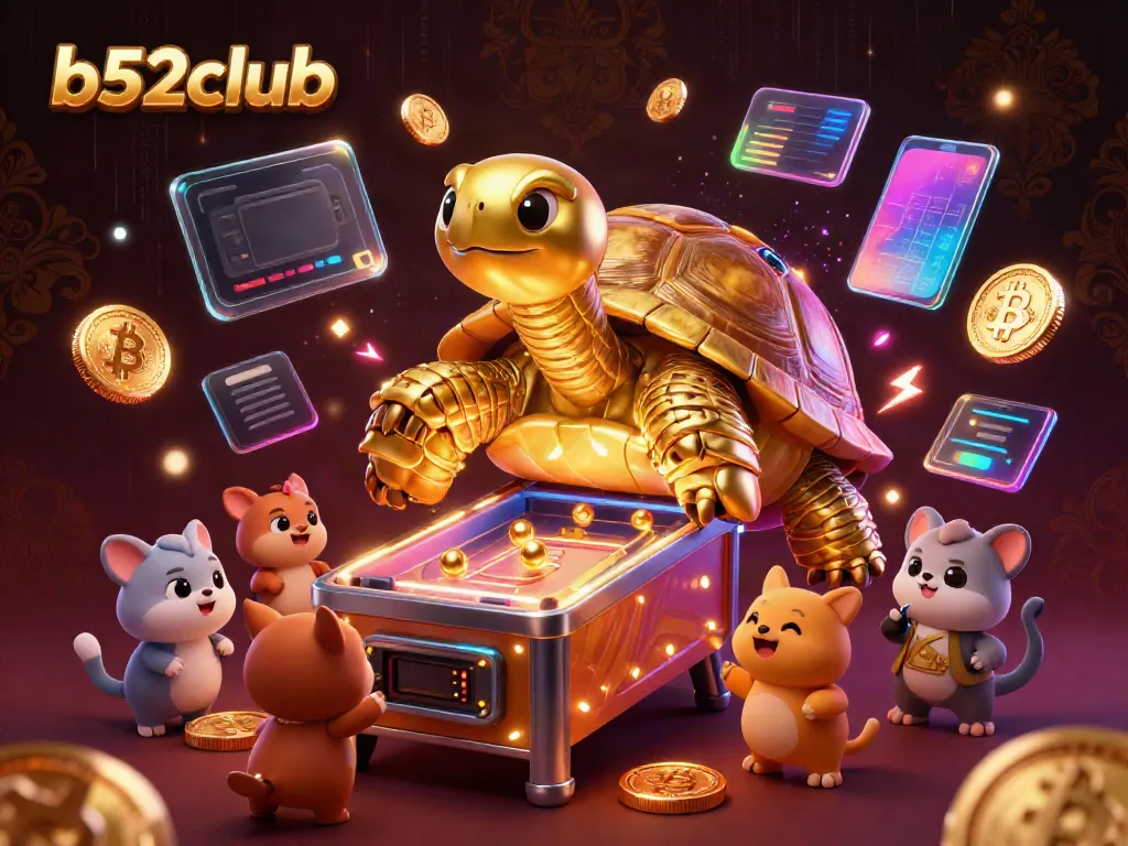Experience exciting gaming at b52club with a vibrant casino-themed illustration featuring a golden tortoise and crypto coins.
