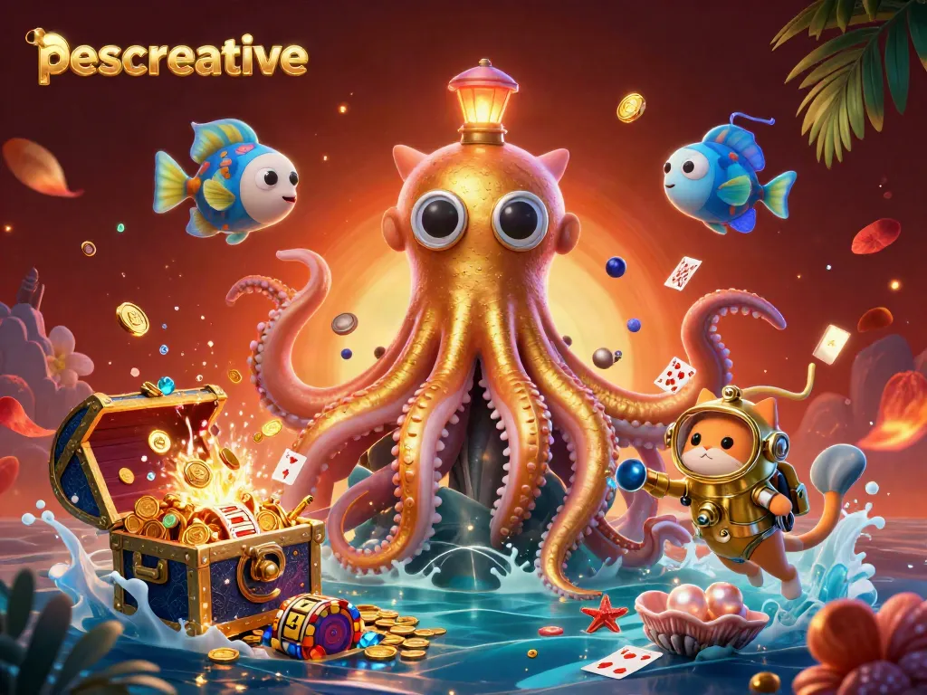 Play exciting games with pescreative through a colossal kraken and diving cat in an underwater casino scene.