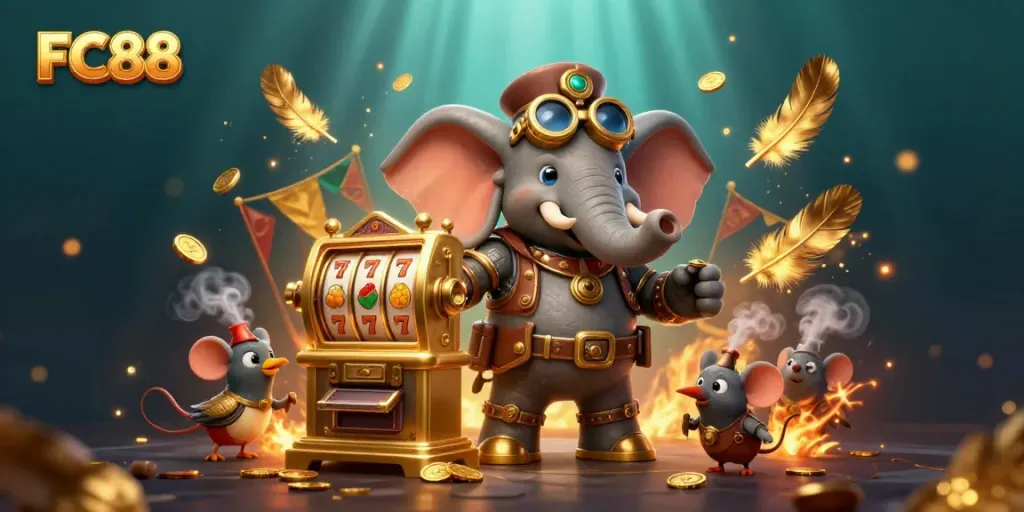 Engaging FC88-themed slot machine scene with a steampunk elephant and vibrant elements.