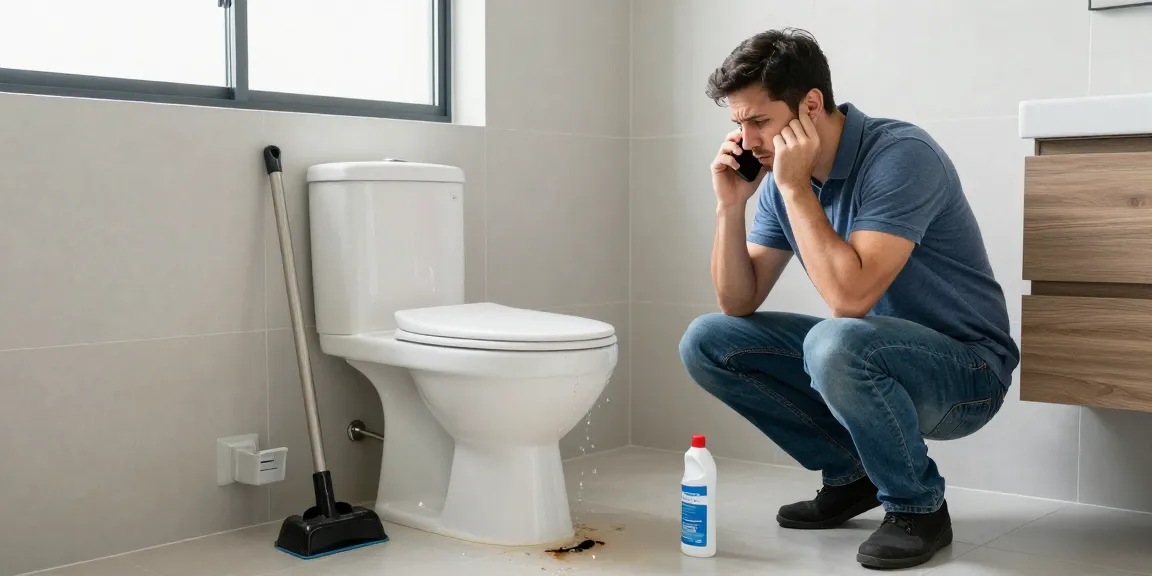 Verstopte wc met bezorgde huiseigenaar die een loodgieter belt voor snel herstel.
