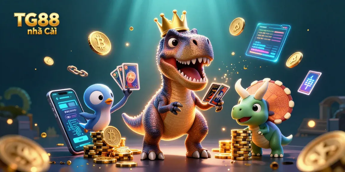 Join the fun at TG88 nhà cái with a whimsical 3D casino illustration featuring characters and gaming elements.