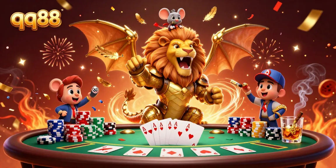 Engage in thrilling poker action with qq88 as a chimera and brave mouse jockey celebrate, surrounded by dynamic gaming elements.