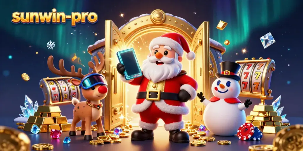 Engage with sunwin-pro as Santa and friends celebrate jackpot slots in a vibrant casino scene.