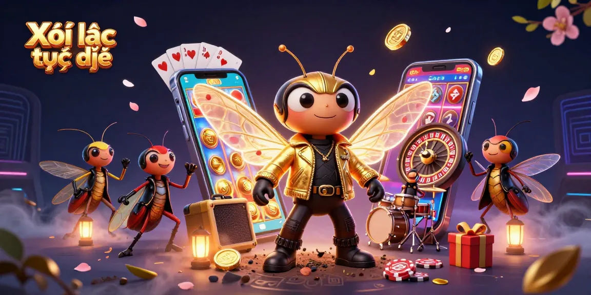 Xôi lạc trực tiếp captivates viewers with a vibrant 3D illustration of a rock star cicada in a casino atmosphere.