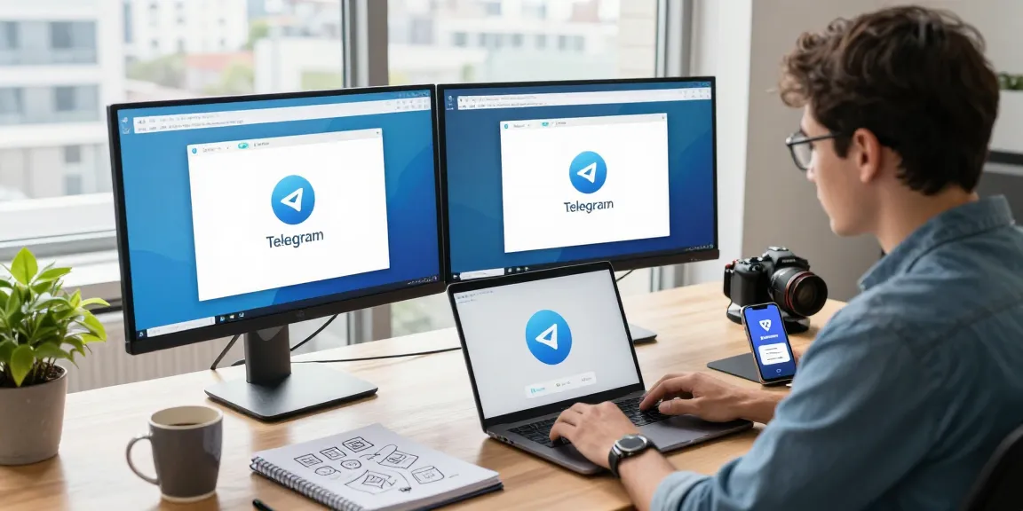 Download Telegram app showcased in a modern tech workspace with dual monitors and a smartphone, highlighting innovation.