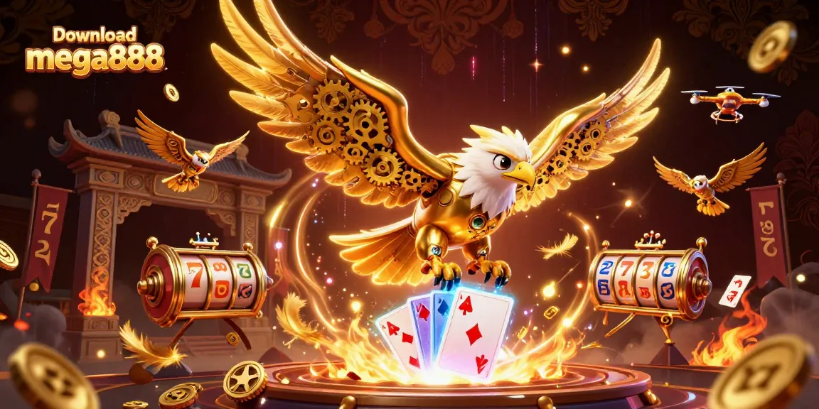 Download mega888 games with a 3D eagle soaring amidst holographic cards and slot elements.