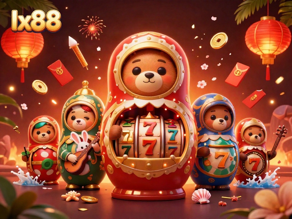 Experience thrilling gameplay with lx88 slots surrounded by vibrant characters and festive casino elements.