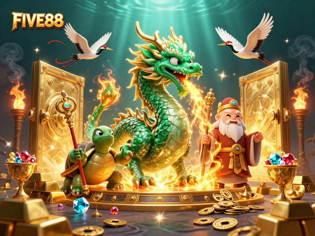 Engage in exciting gameplay at FIVE88 with a majestic jade dragon and treasure bursts