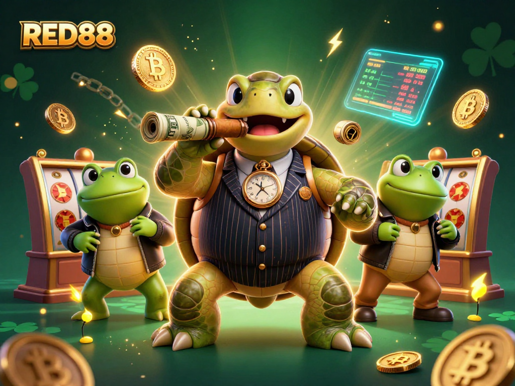Engage with thrilling games at RED88, featuring a whimsical turtle in a mobster suit amidst vibrant casino elements.