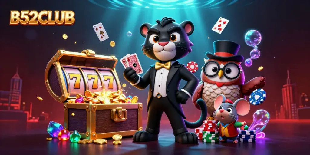 Engage in thrilling gameplay with B52CLUB's vibrant cartoon illustration showcasing a stylish panther dealer and charming companions.