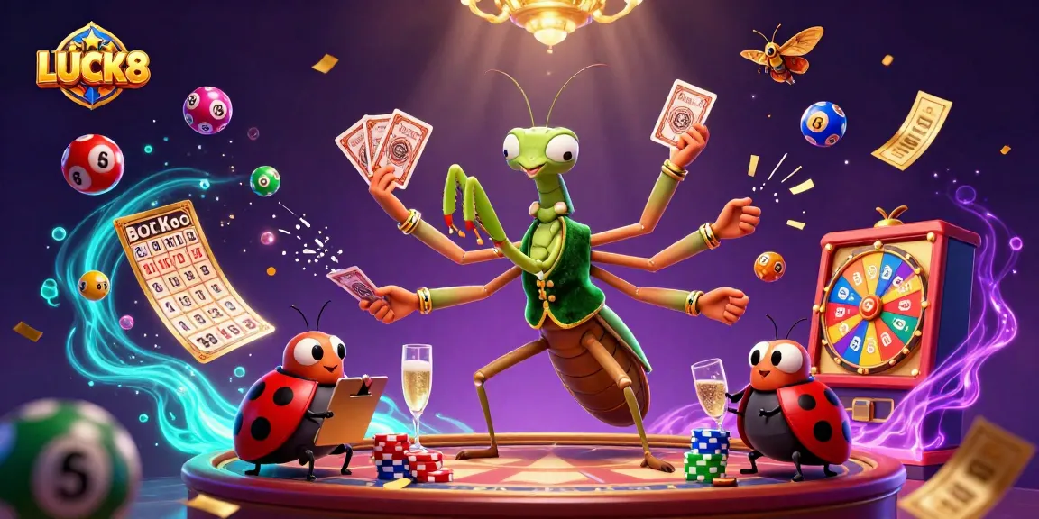 Experience thrilling games at LUCK8, where a praying mantis dealer captivates with cards and rich, vibrant casino elements.
